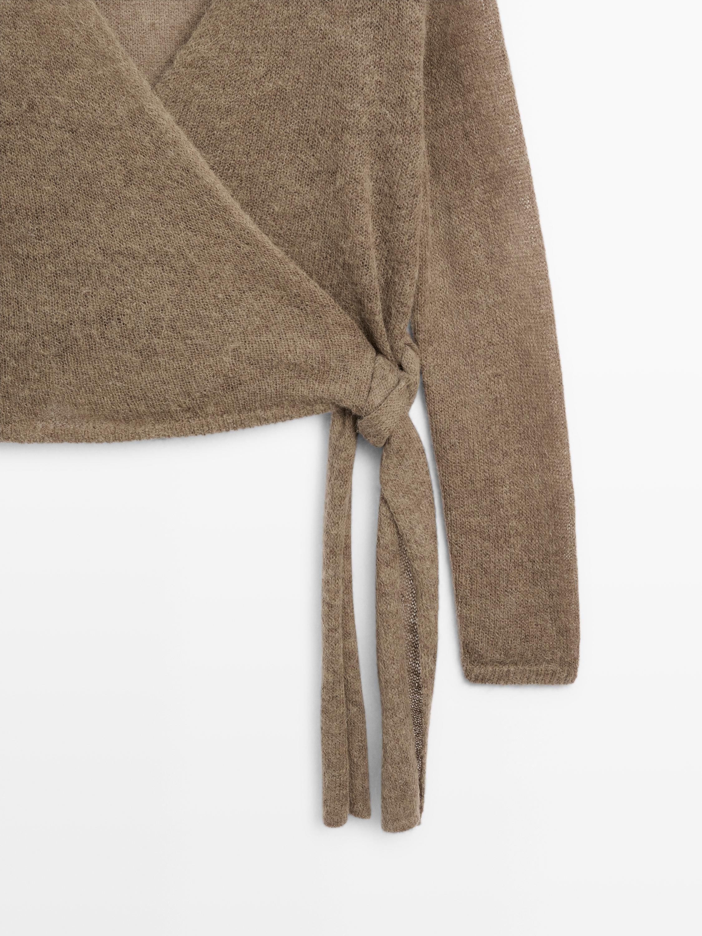 Alpaca blend crossover knit cardigan with tie