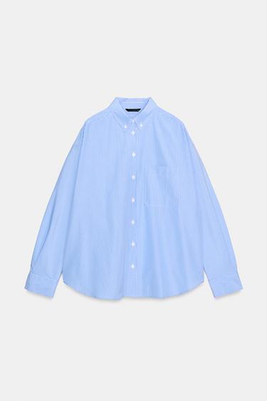 Zara POPLIN SHIRT WITH POCKET - Blue / White