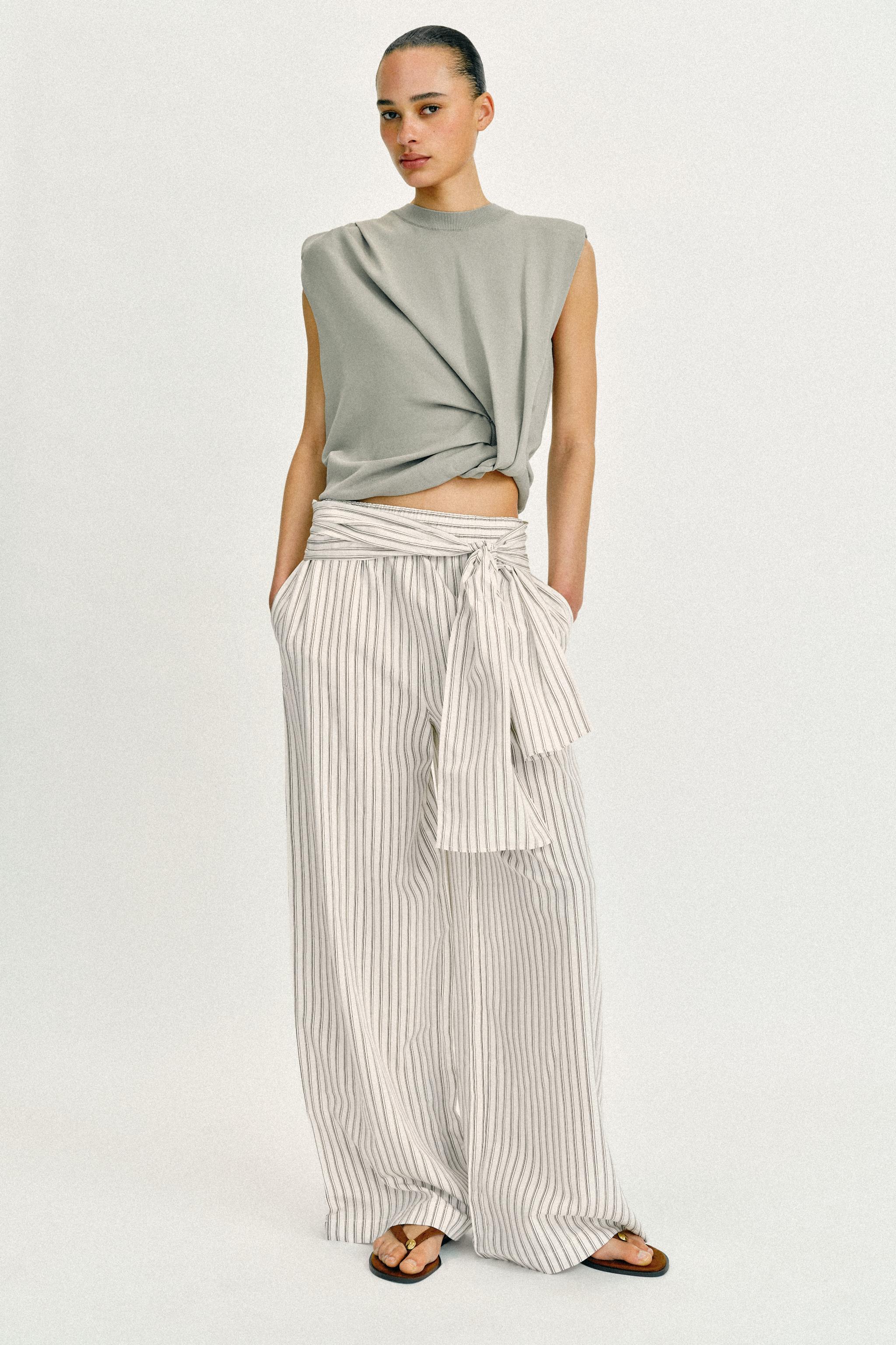 WIDE-LEG TROUSERS WITH SCARF DETAIL — Ecru / Brown