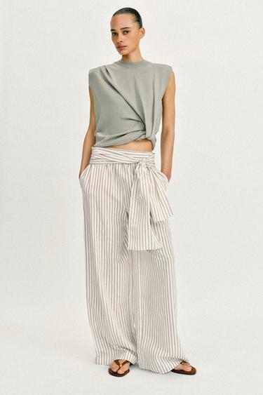 Zara WIDE LEG SCARF PRINT PANTS - Ecru / Brown