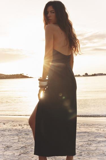 ROBE MIDI DRAPÉE EN LIN - Noir de Zara - Image 2