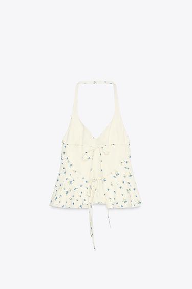 TOP HALTER POPELINE FLEURS - Écru / Bleu de Zara - Image 6