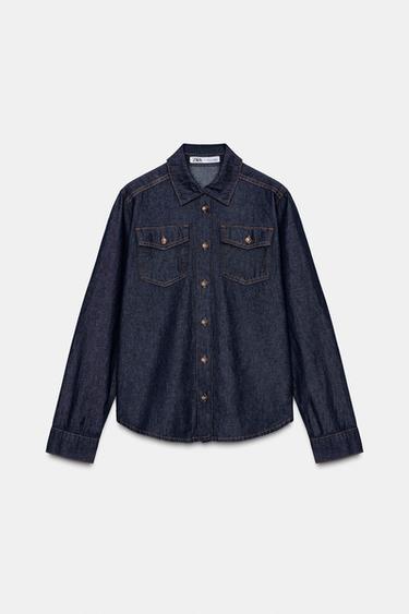 Zara POCKET DENIM SHIRT - Blue
