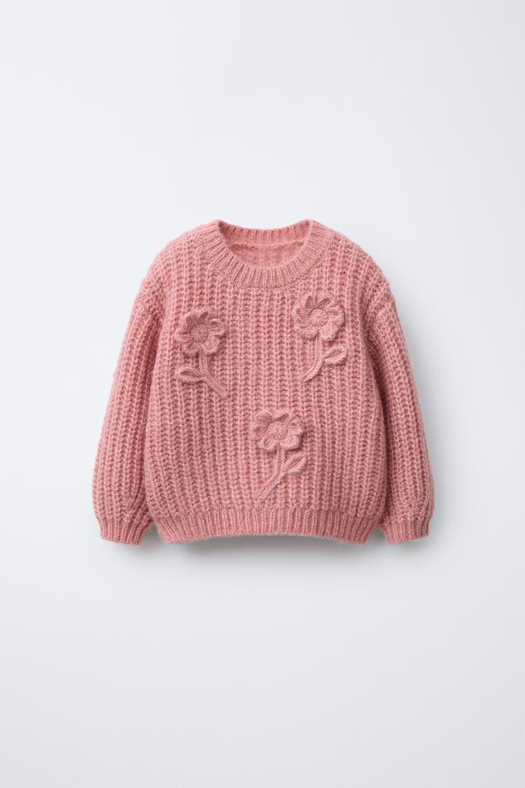 FLORAL EMBROIDERED WOOL KNIT SWEATER Coral pink ZARA United States