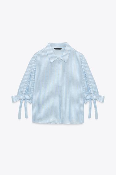 STRIPED LINEN BLEND SHIRT WITH BOWS - Blue/White by Zara - Image 4