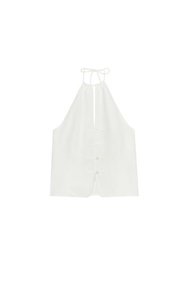 TOP Z NARAMNICO OKOLI VRATU IN GUMBI - Ekru barva od Zare