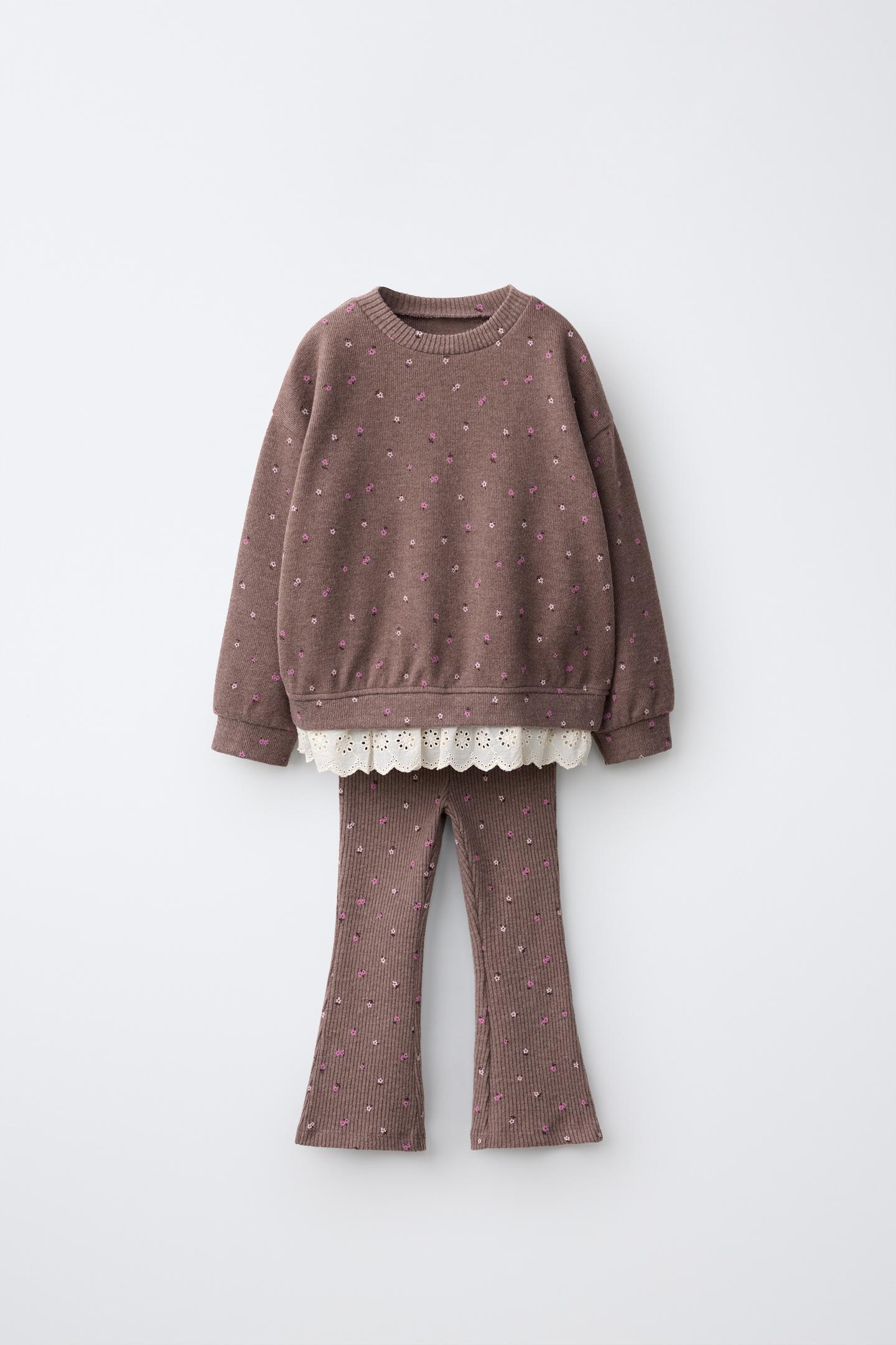 Детский комплект Zara Floral Print Sweatshirt and Flare Leggings Set, цвет: Глиняный