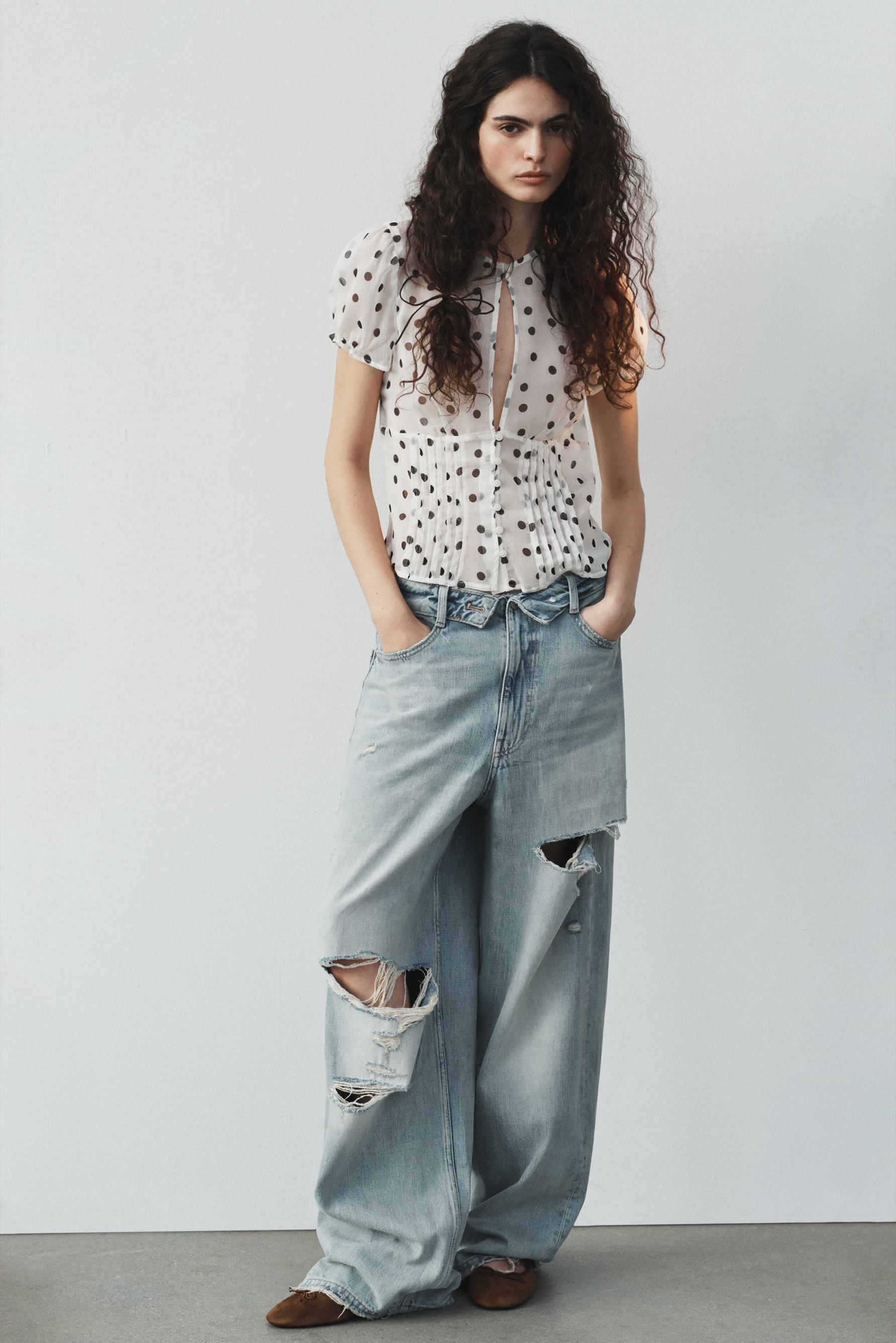 TRF ミッドライズ折り返しウエストデニムパンツ - ライトブルー | ZARA