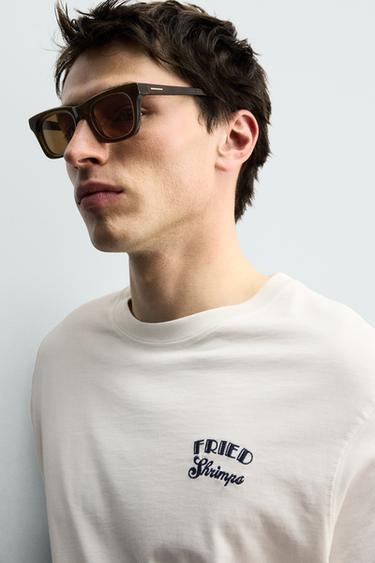 EMBROIDERED REGULAR FIT T-SHIRT - Oyster-white by Zara - Image 4