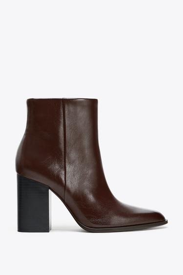LEATHER BLOCK HEEL ANKLE BOOTS - Burgundy Red by Zara