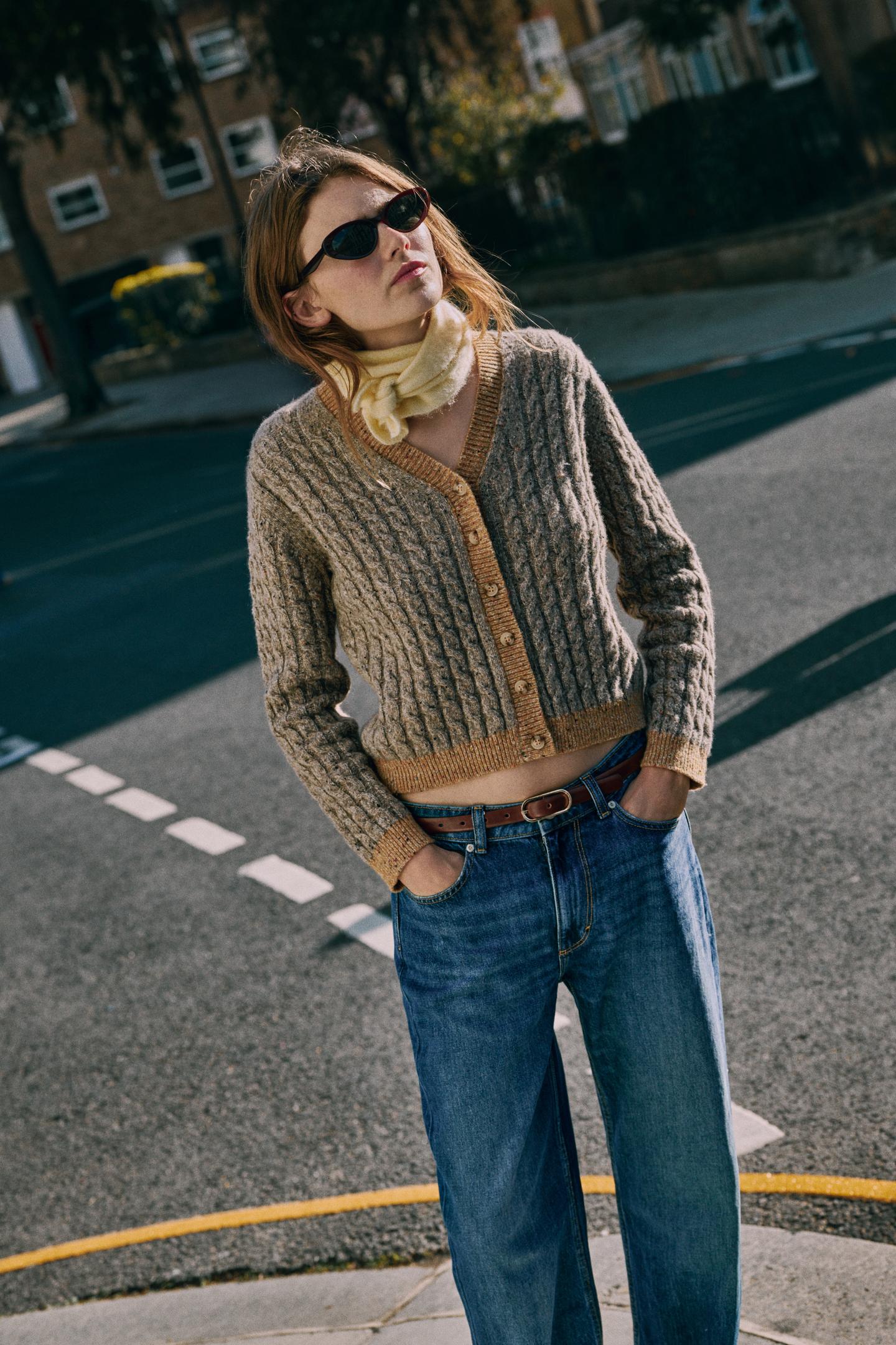 Женский кардиган Zara Wool Cable-Knit, цвет: Коричневый / Серо-коричневый — фото 5