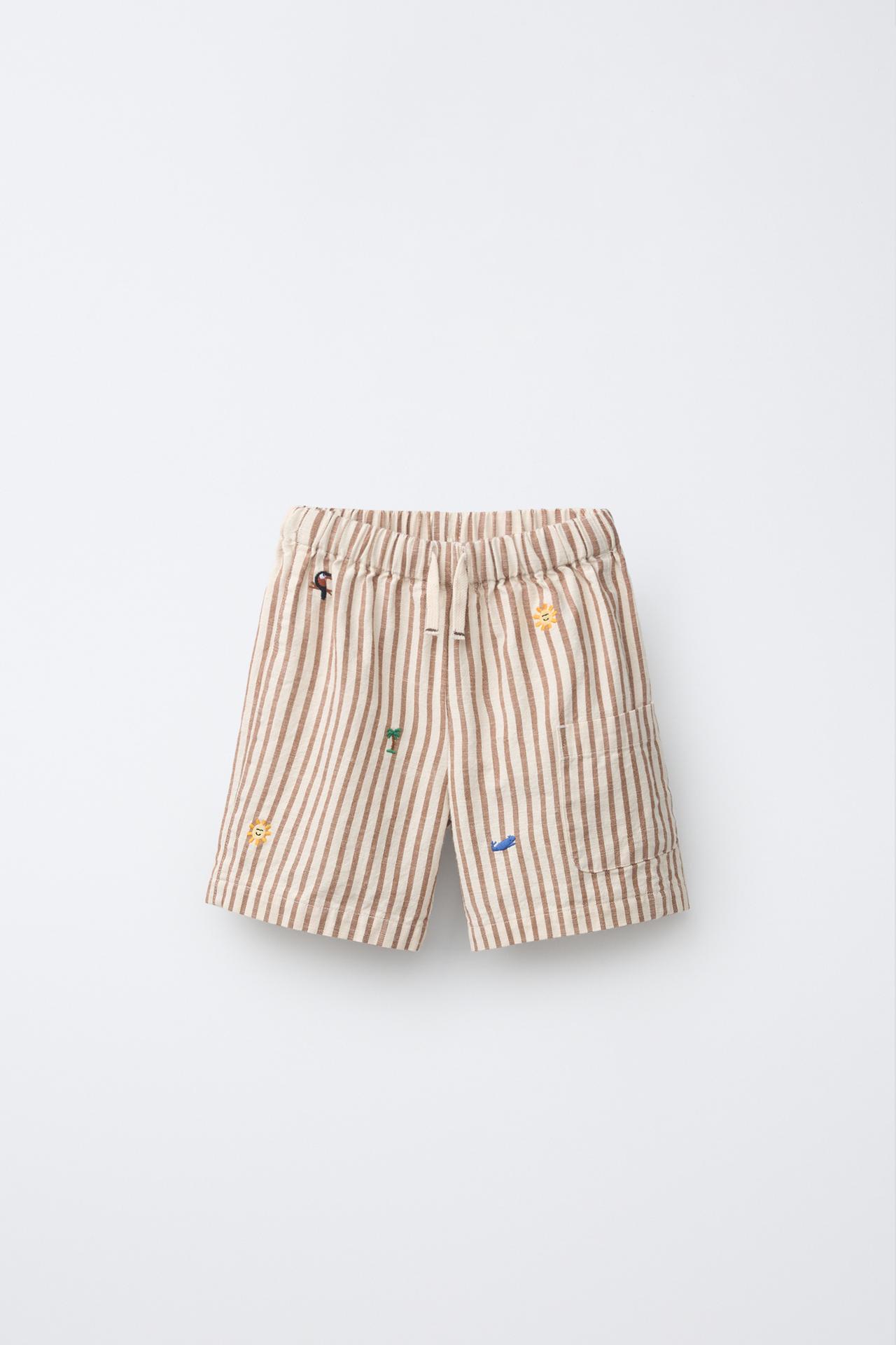 EMBROIDERED STRIPED SHORTS — Brown / White