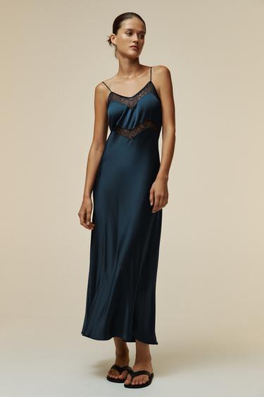 VESTIDO MIDI ESTILO LINGERIE COM RENDA - Azul-marinho-escuro da Zara - Imagem 0