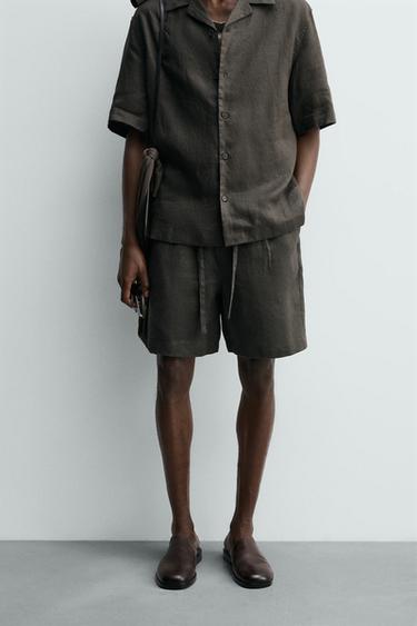 RELAXED FIT LINEN BERMUDA SHORTS - Dark green by Zara