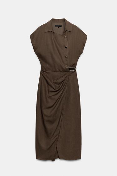 ROBE MI-LONGUE EN LIN AVEC CEINTURE - Marron / Taupe de Zara - Image 5