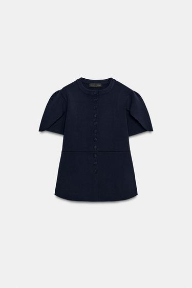 Zara 泡泡袖開衩針織外套 - 海藍色