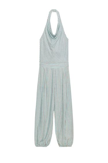 STRIPED LINEN BLEND SAROUEL JUMPSUIT - Brown-Blue by Zara
