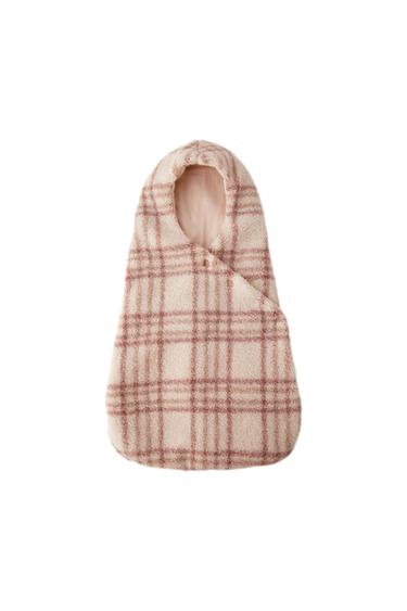 Baby sleeping bag with hood, beige and pink check design, soft texture, button fastening and white background.