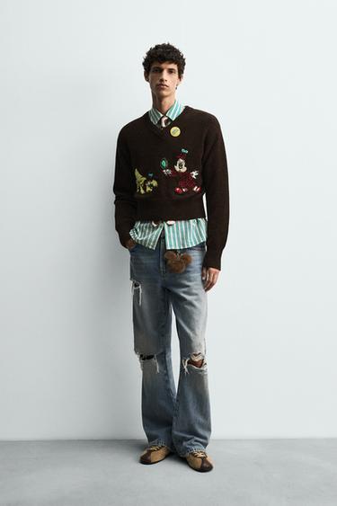 Zara HARRY LAMBERT FOR ZARA X DISNEY 刷破喇叭牛仔褲 - 藍色