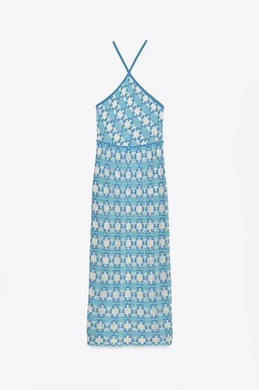 VESTIDO HALTER PUNTO - Azul / Blanco de Zara