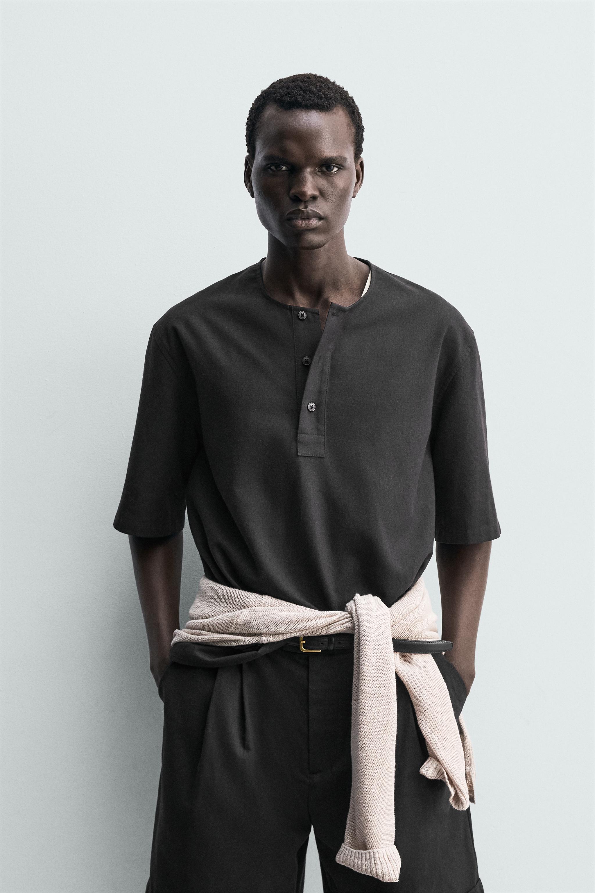 LINEN BLEND POLO SHIRT — Black