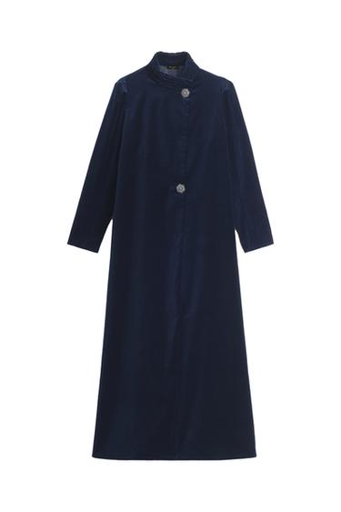 Front view of navy blue coat with decorative buttons.