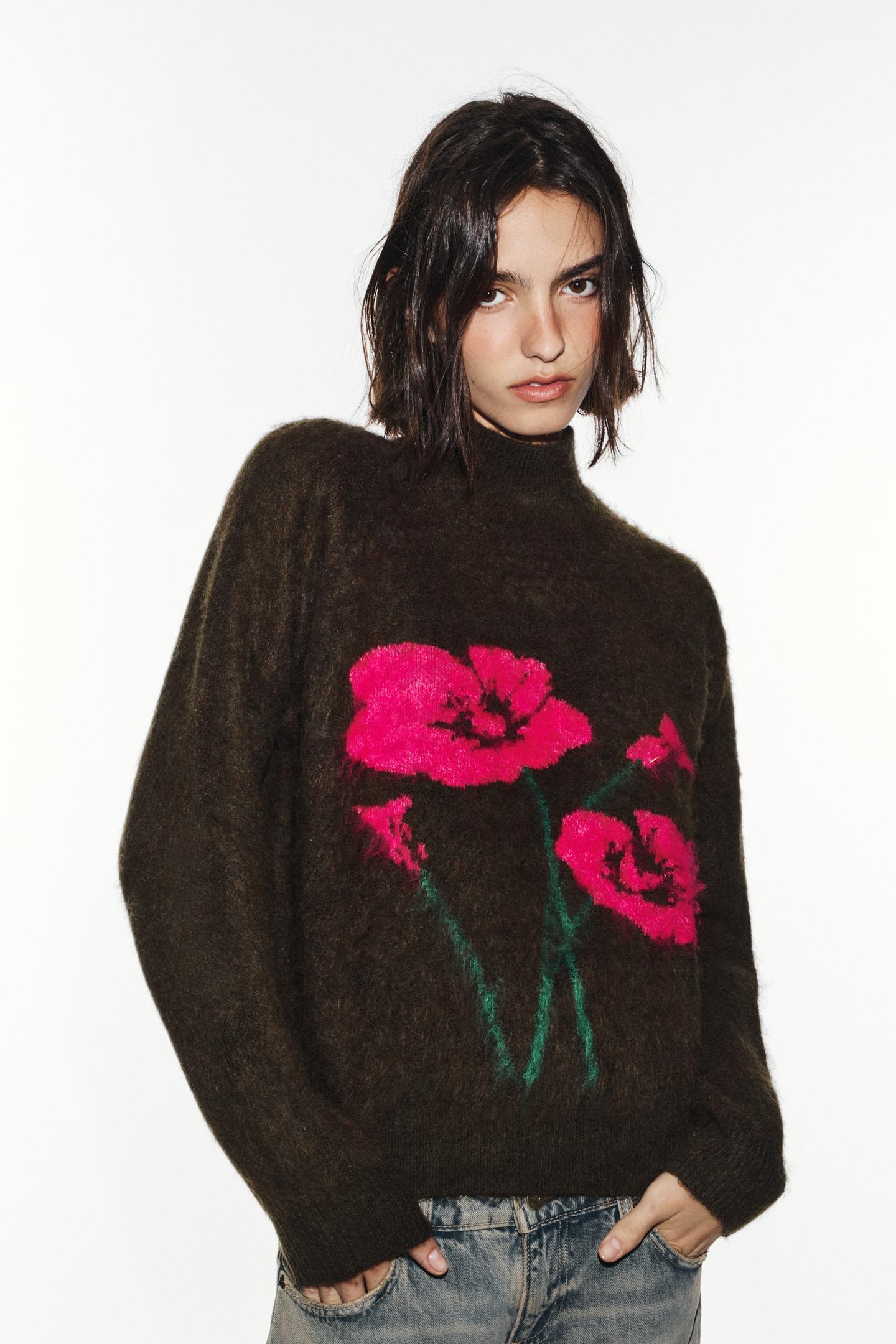 Женский свитер Zara Floral Knit, цвет: Коричневый — фото 2