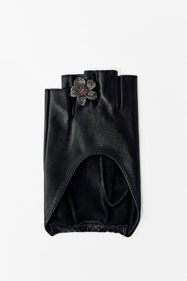 Zara SHORT LEATHER GLOVES WITH BROOCHES - Black