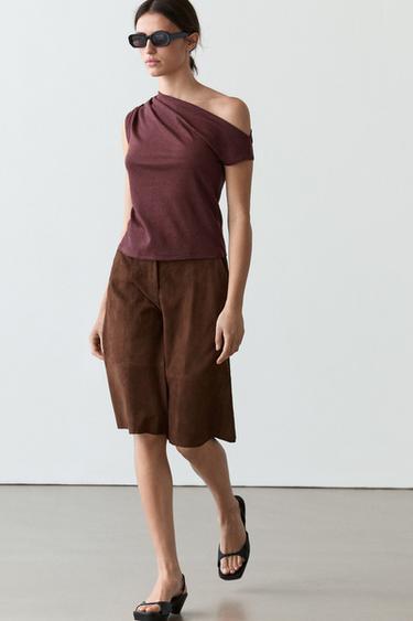 Zara Asymmetric linen blend top with draped detail - white