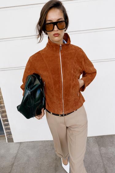 100% LEATHER HIGH COLLAR JACKET - Orange by Zara