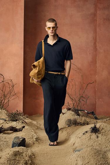 SILK/LINEN KNIT POLO SHIRT - Dark navy by Zara - Image 0
