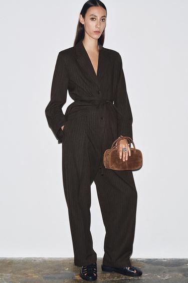 Zara HERRINGBONE BELTED BLAZER ZW COLLECTION - Brown marl