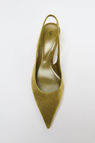 Zara SUEDE KITTEN HEEL SLINGBACKS - Green
