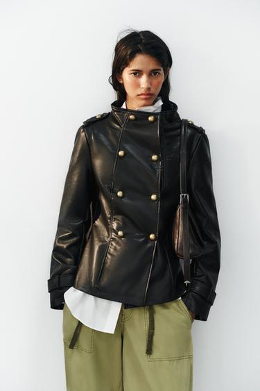 FAUX LEATHER BUTTON JACKET — Black 1