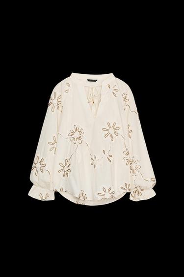 BLUSE MIT STRUKTURSTICKEREI - Cremefarben von Zara - Bild 0