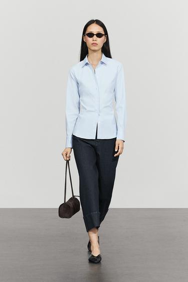 Zara Cotton blend poplin shirt - Sky blue - Image 0