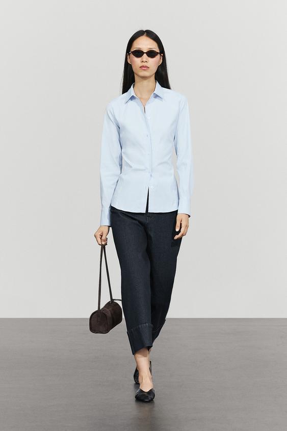 Zara Cotton blend poplin shirt - Sky blue - Image 0