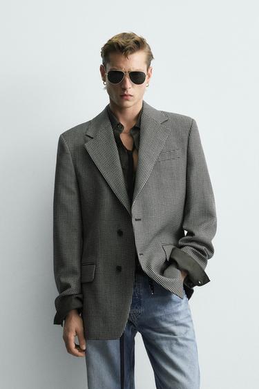 بليزر بنقشة الهاوند توث 100% صوف إصدار محدود - أبيض / أسود الخاص بـ Zara