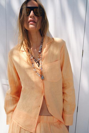 Zara ZW COLLECTION LINEN POCKET SHIRT - Tangerine