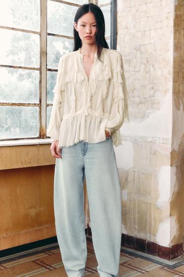 Zara 高腰 TRF 桶型牛仔褲 - 淡藍色