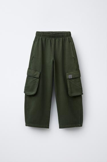 GARMENT-DYED WIDE-LEG CARGO FLEECE TROUSERS - Green by Zara