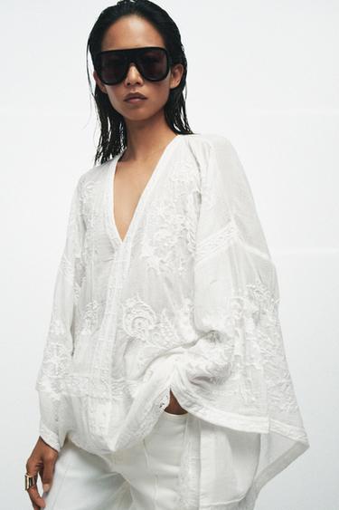 BLOUSE CAPE BRODÉE ZW COLLECTION - Blanc de Zara
