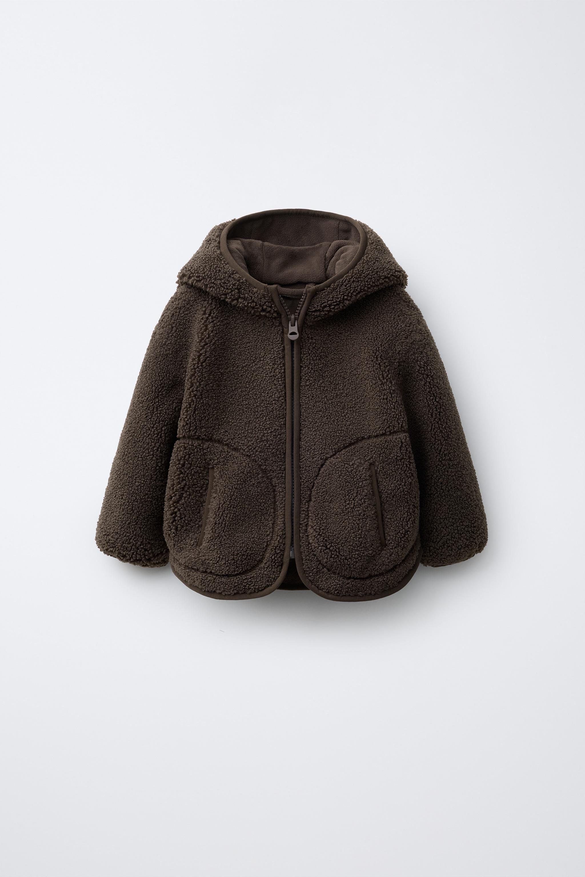 シープスキン ボア付きジャケット ダークブラウン フェイクシープスキン フード付きジャケット - ダークブラウン | ZARA