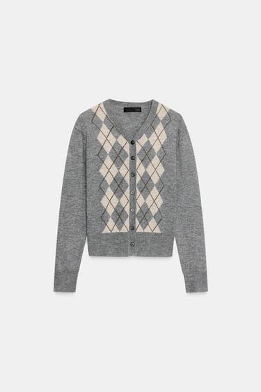 WOOL BLEND ARGYLE CARDIGAN - Grey marl by Zara