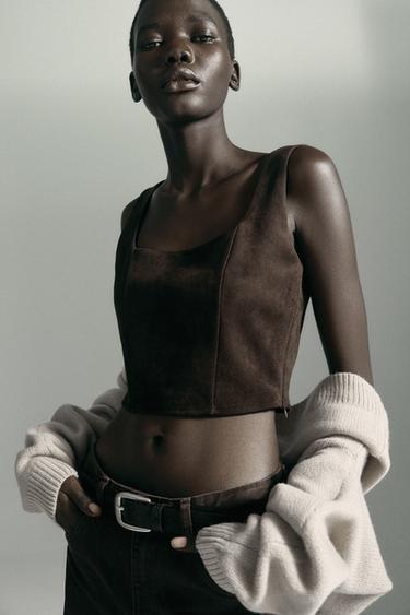 Zara FAUX SUEDE CROP TOP - Chocolate brown