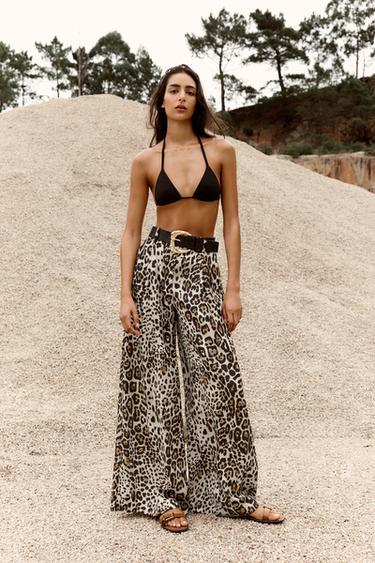 Zara SATIN WIDE LEG BELTED PANTS - Leopard