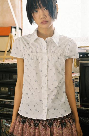 FLORAL GATHERED POPLIN SHIRT - Blue/White by Zara