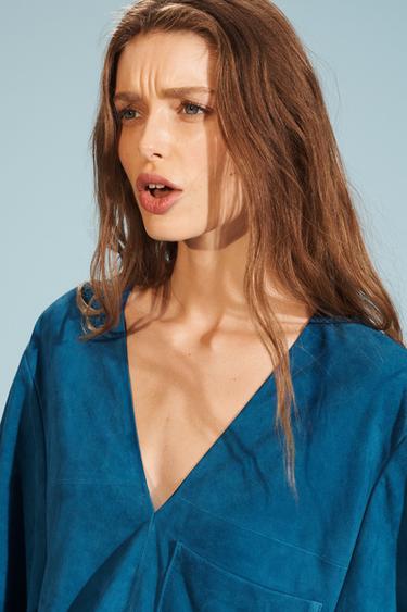 LIMITED EDITION SUEDE LEATHER KAFTAN DRESS - Duck blue by Zara - Image 3