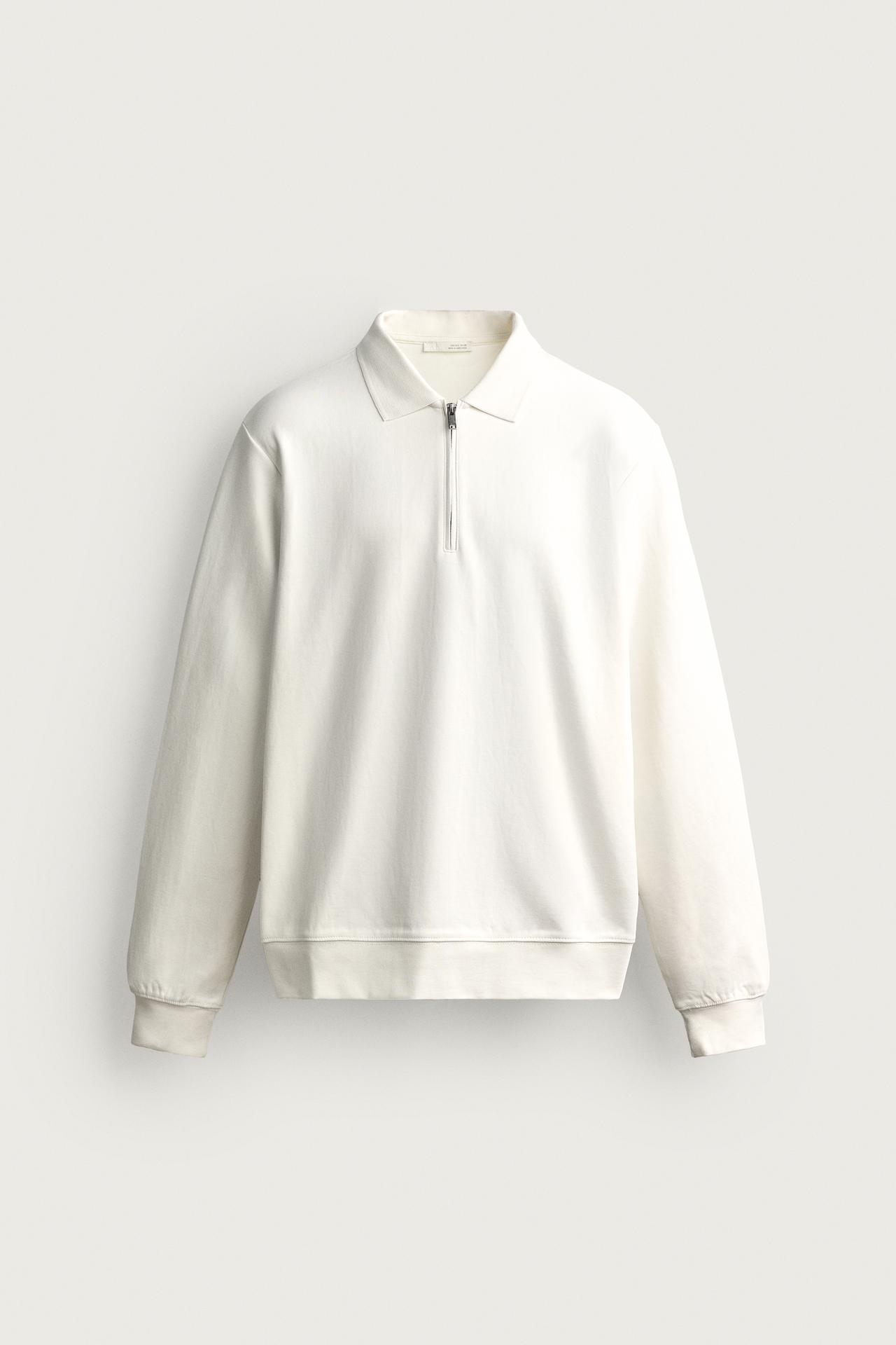 ZIP-UP INTERLOCK POLO SWEATSHIRT — White