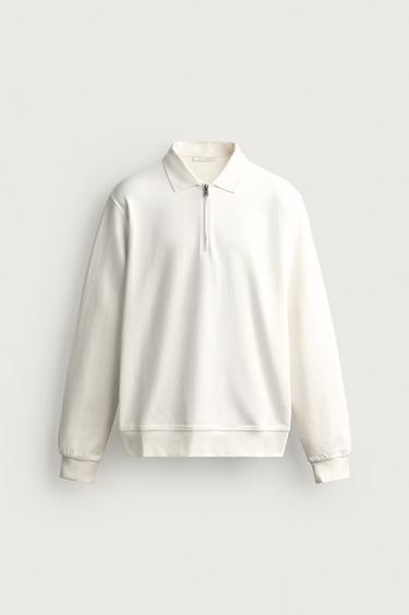 Zara ZIP-UP INTERLOCK POLO SWEATSHIRT - White